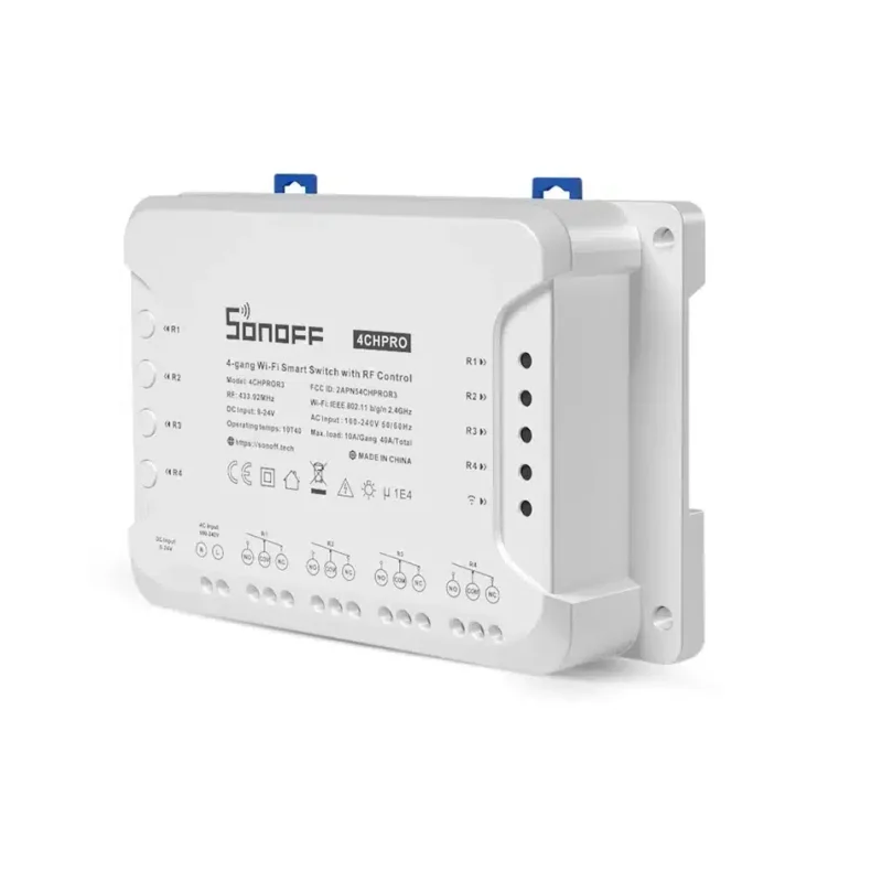 Sonoff 4CH PRO R3, interrutor inteligente para empresas, interrutor de controlo RF, integração Intelplug, gestão sustentável da energia. intelPlug