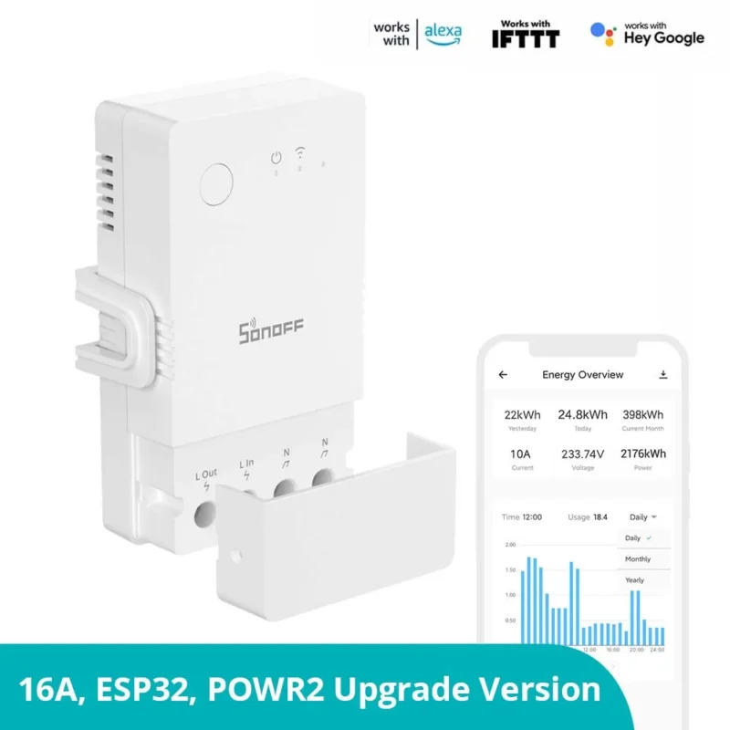 مفتاح Sonoff POW Original 16A، مفتاح مراقبة الطاقة، مفتاح ذكي موثوق، إدارة الطاقة الذكية، IntelPlug Sonoff POW