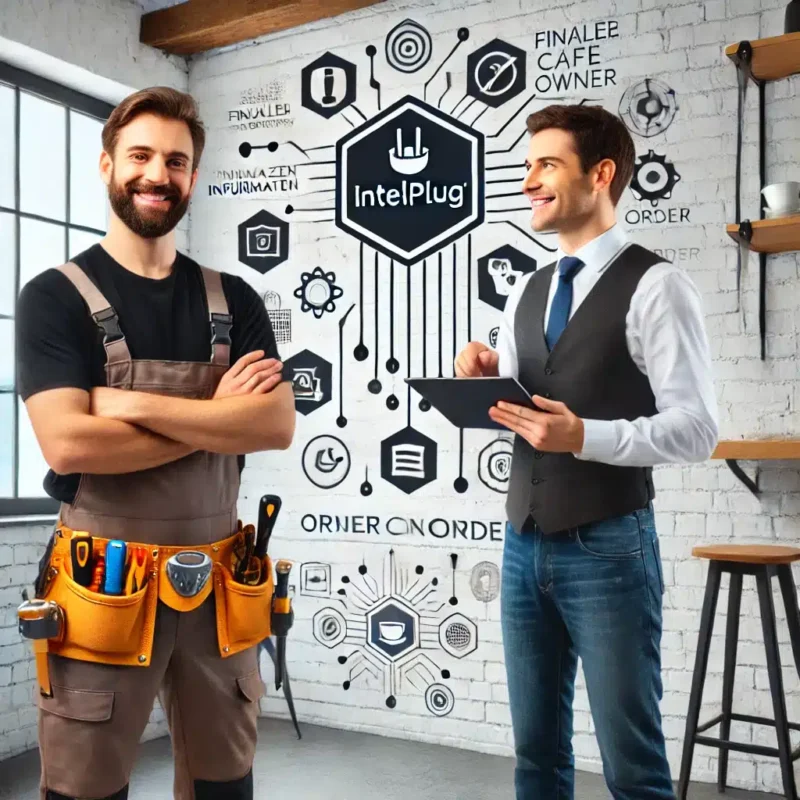 El instalador de intelPlug Gig worker realiza un proyecto con el propietario de un negocio